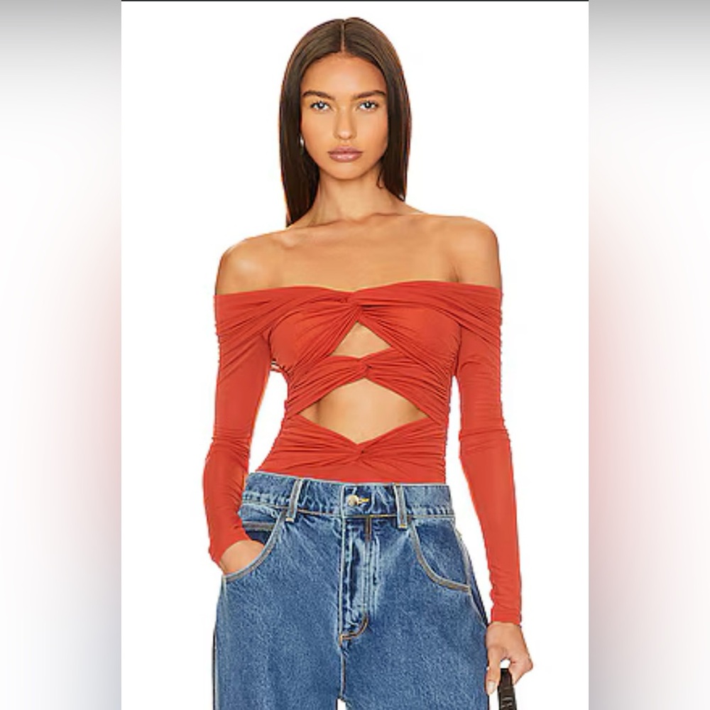 Ronny Kobo Fitz Bodysuit Orange Red Ruched Long Sleeve Off Shoulder Top✨